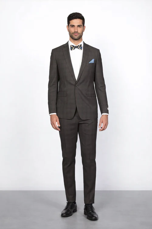 Men's Rossiman Rossi Man Brand Plaid Tapered Leg Lower Rise Pants & Get Skinny Brown 1 Button Slim Fit Peak Lapel Suit