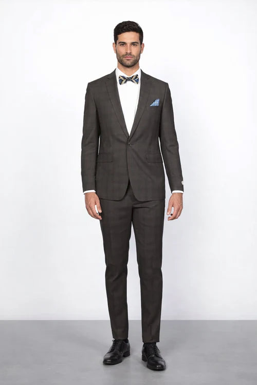 Men’s Brown Plaid Slim Fit Suit by Rossiman Rossi | Peak Lapel Jacket & Tapered Pants – Italian Tailored 3-Piece Classic Suit
