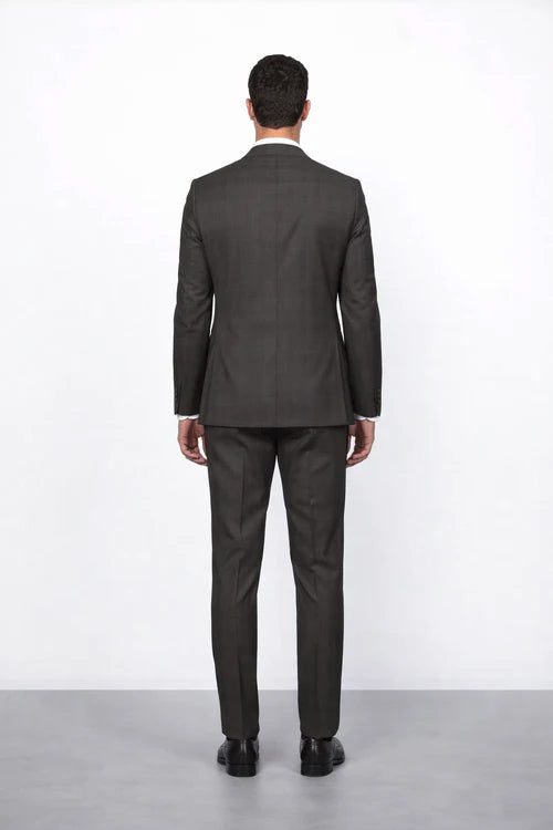 Men’s Brown Plaid Slim Fit Suit by Rossiman Rossi | Peak Lapel Jacket & Tapered Pants – Italian Tailored 3-Piece Classic Suit