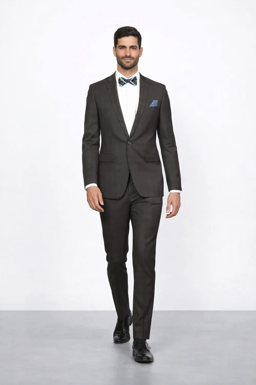Men's Rossiman Rossi Man Brand Plaid Tapered Leg Lower Rise Pants & Get Skinny Brown 1 Button Slim Fit Peak Lapel Suit