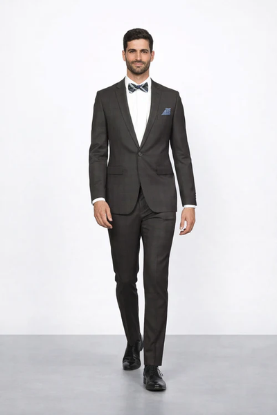 Men’s Brown Plaid Slim Fit Suit by Rossiman Rossi | Peak Lapel Jacket & Tapered Pants – Italian Tailored 3-Piece Classic Suit