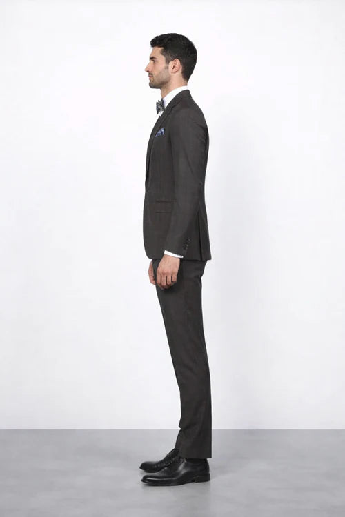 Men’s Brown Plaid Slim Fit Suit by Rossiman Rossi | Peak Lapel Jacket & Tapered Pants – Italian Tailored 3-Piece Classic Suit