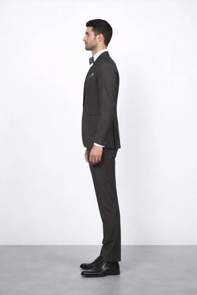 Men’s Brown Plaid Slim Fit Suit by Rossiman Rossi | Peak Lapel Jacket & Tapered Pants – Italian Tailored 3-Piece Classic Suit