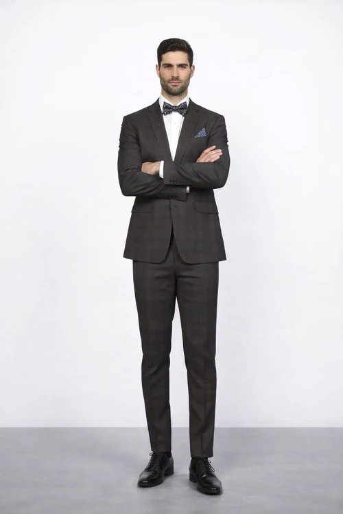 Men's Rossiman Rossi Man Brand Plaid Tapered Leg Lower Rise Pants & Get Skinny Brown 1 Button Slim Fit Peak Lapel Suit