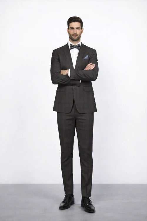 Men’s Brown Plaid Slim Fit Suit by Rossiman Rossi | Peak Lapel Jacket & Tapered Pants – Italian Tailored 3-Piece Classic Suit