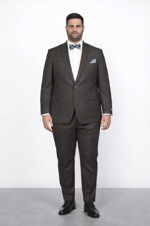 Men's Rossiman Rossi Man Brand Plaid Tapered Leg Lower Rise Pants & Get Skinny Brown 1 Button Slim Fit Peak Lapel Suit