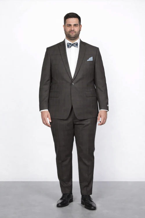 Men’s Brown Plaid Slim Fit Suit by Rossiman Rossi | Peak Lapel Jacket & Tapered Pants – Italian Tailored 3-Piece Classic Suit