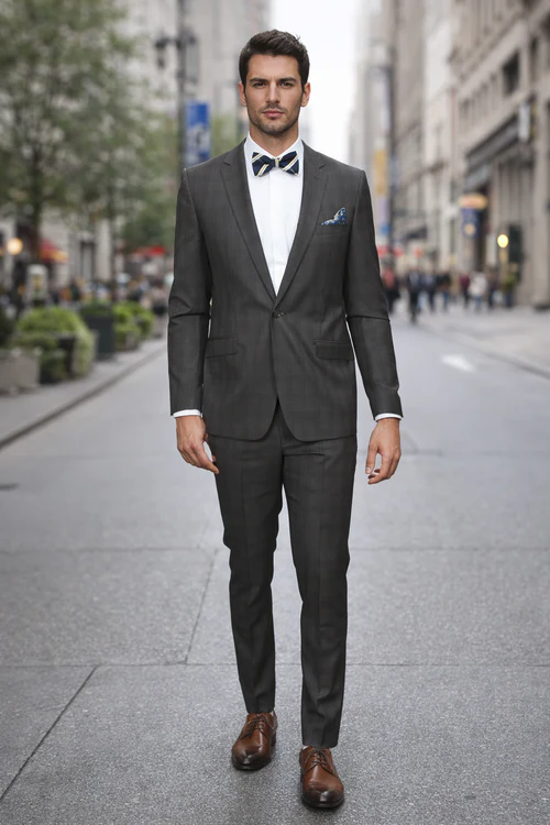 Men's Rossiman Rossi Man Brand Plaid Tapered Leg Lower Rise Pants & Get Skinny Brown 1 Button Slim Fit Peak Lapel Suit