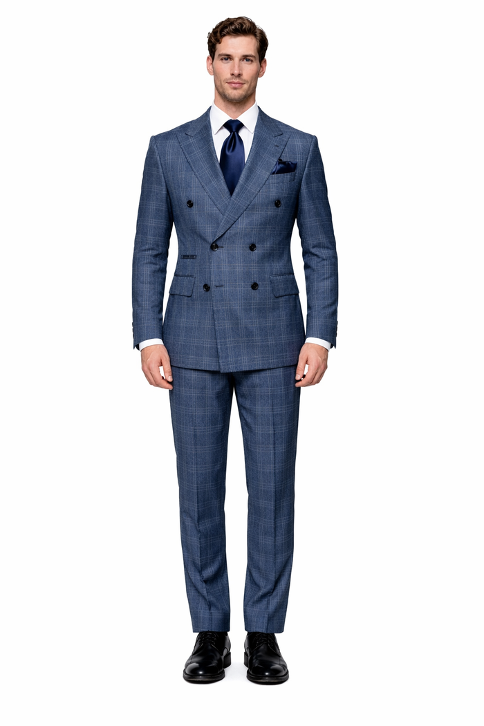 Mens Rossiman Blue Plaid Double Breasted Suit – Modern 6-Button Tailored Fit