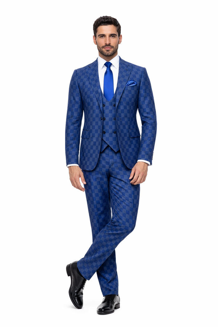 Royal Blue Checkered 3-Piece Executive Suit with Matching Vest