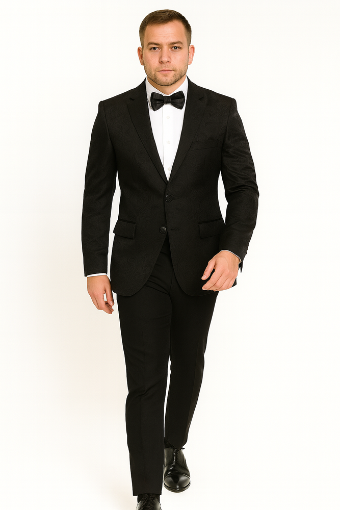 Men's Shiny 2 Buttons Notch Collar Floral Paisley Formal Black Blazer