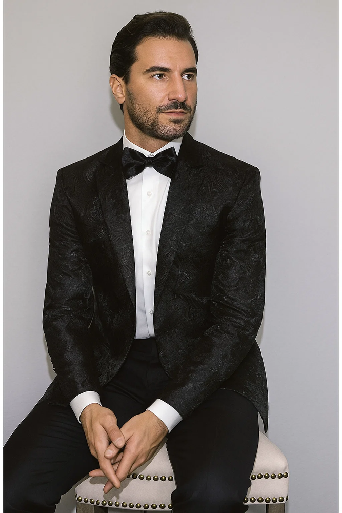 Men's Shiny 2 Buttons Notch Collar Floral Paisley Formal Black Blazer