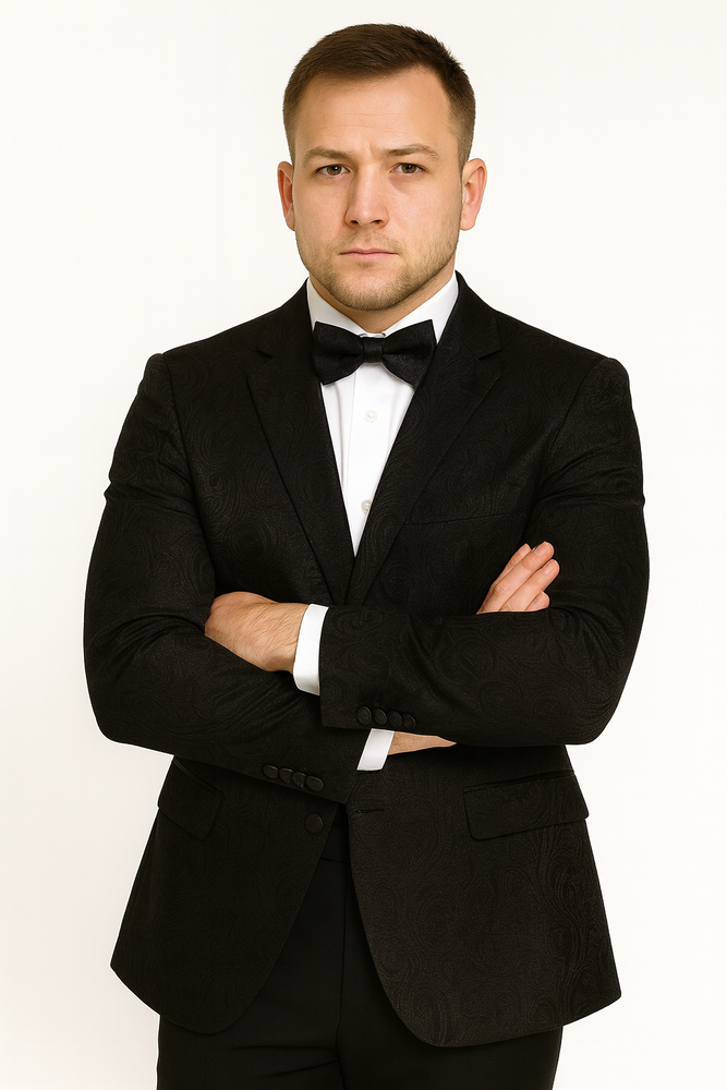 Men's Shiny 2 Buttons Notch Collar Floral Paisley Formal Black Blazer