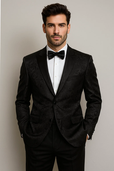 Men's Shiny 2 Buttons Notch Collar Floral Paisley Formal Black Blazer