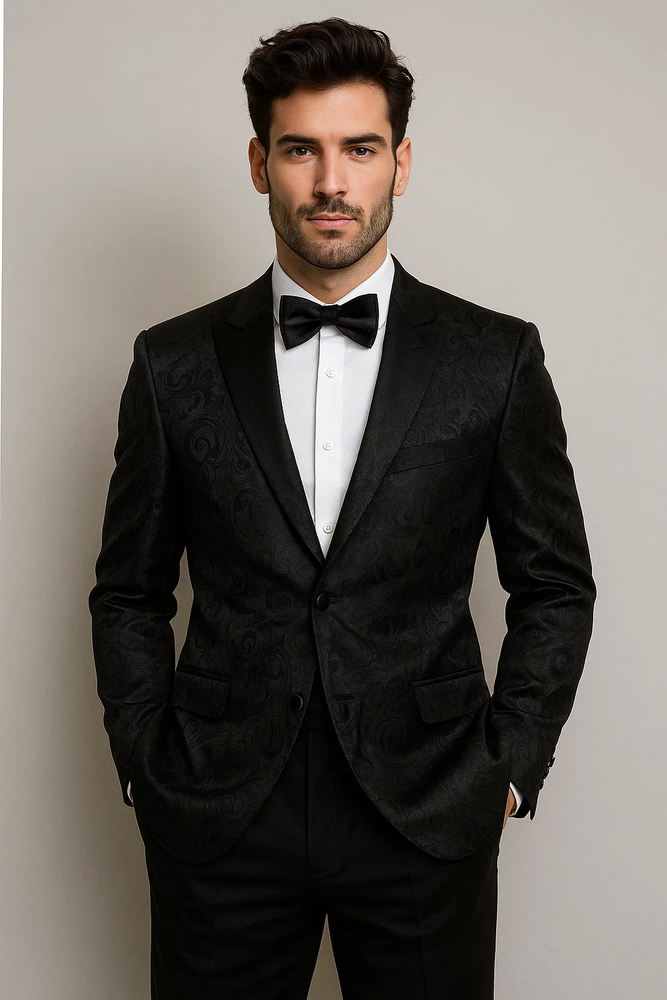 Men's Shiny 2 Buttons Notch Collar Floral Paisley Formal Black Blazer