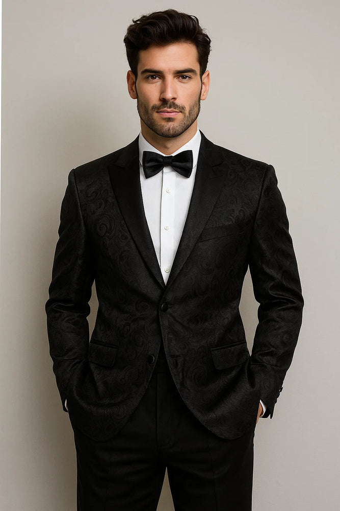 Men's Shiny 2 Buttons Notch Collar Floral Paisley Formal Black Blazer