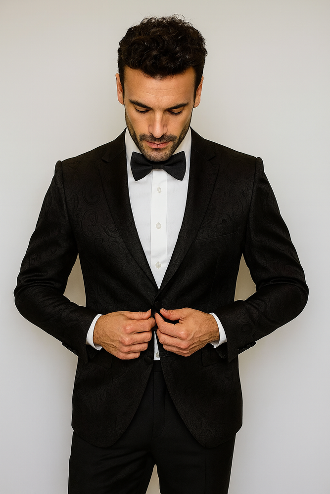 Men's Shiny 2 Buttons Notch Collar Floral Paisley Formal Black Blazer