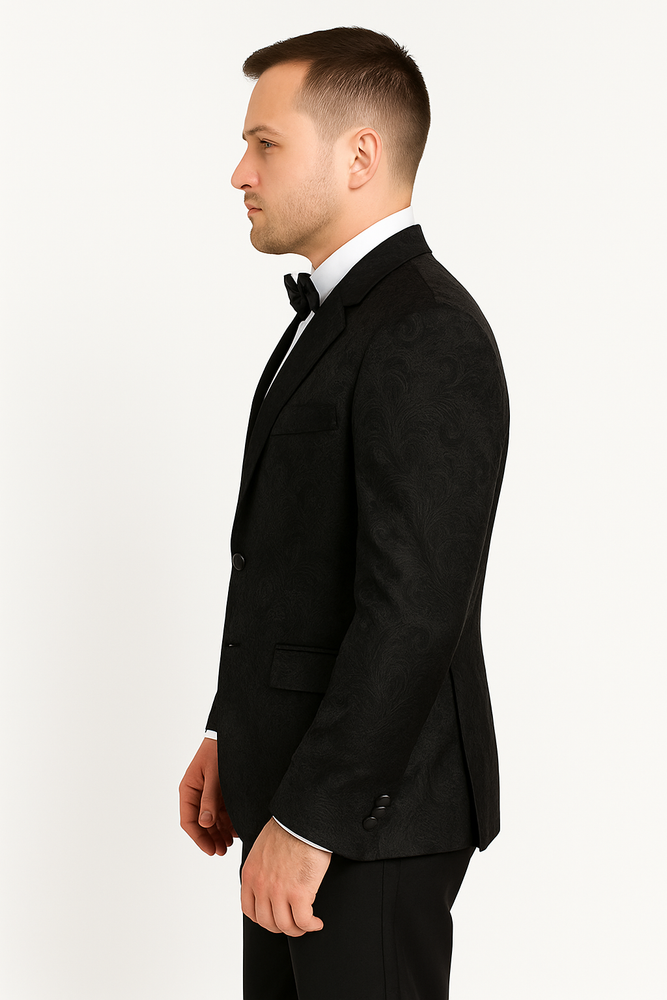 Men's Shiny 2 Buttons Notch Collar Floral Paisley Formal Black Blazer