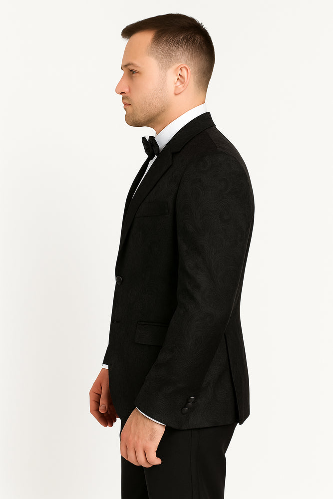 Men's Shiny 2 Buttons Notch Collar Floral Paisley Formal Black Blazer