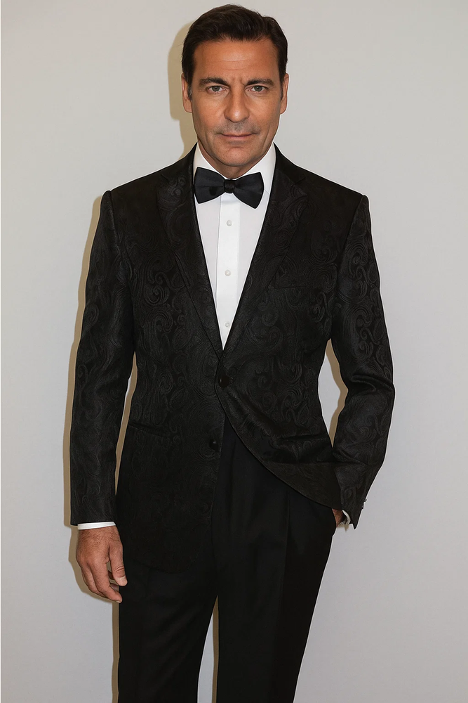 Men's Shiny 2 Buttons Notch Collar Floral Paisley Formal Black Blazer