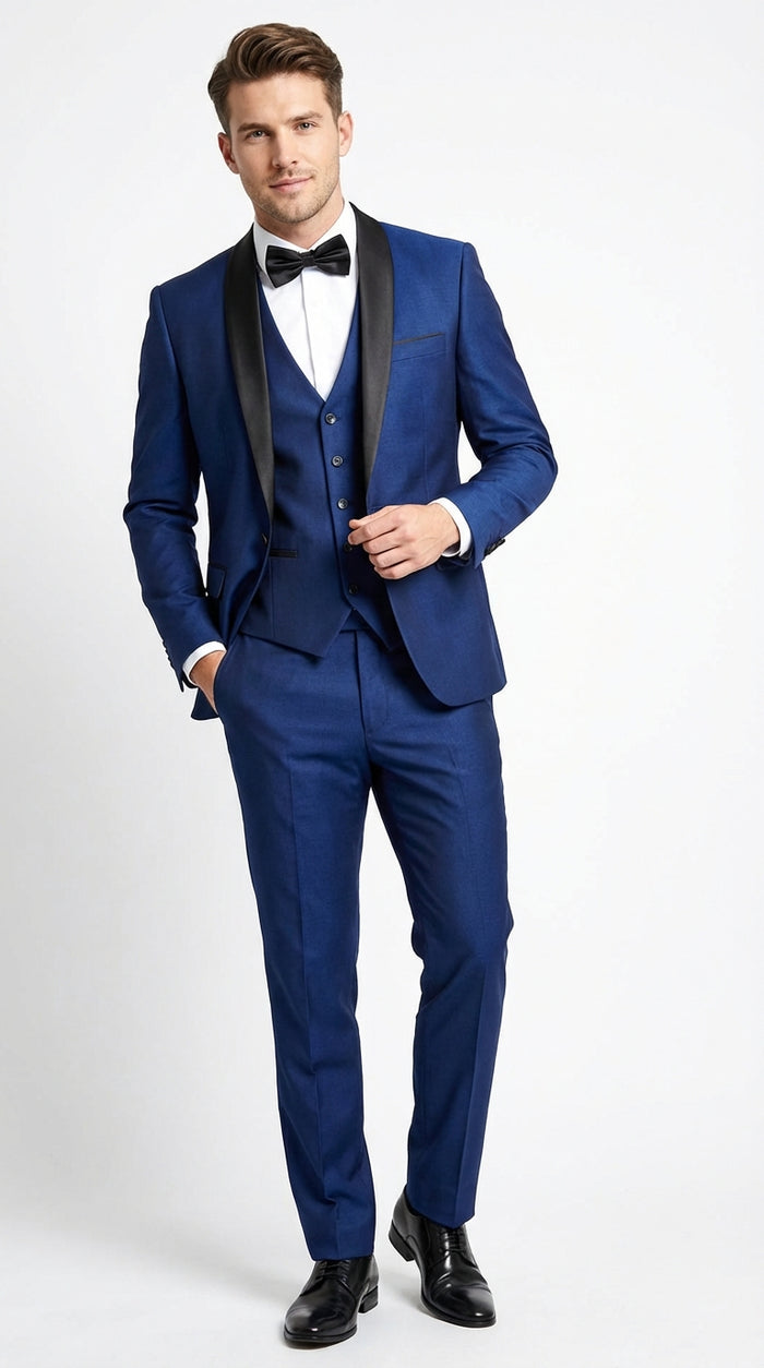 Men’s Shiny Sharkskin Saphire Royal Blue Tuxedo 3 Piece Suit with Black Shawl Lapel | Formal Wedding Prom Suit Shiny Fabric