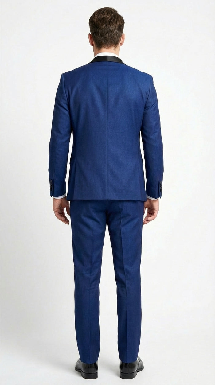Men’s Shiny Sharkskin Saphire Royal Blue Tuxedo 3 Piece Suit with Black Shawl Lapel | Formal Wedding Prom Suit Shiny Fabric