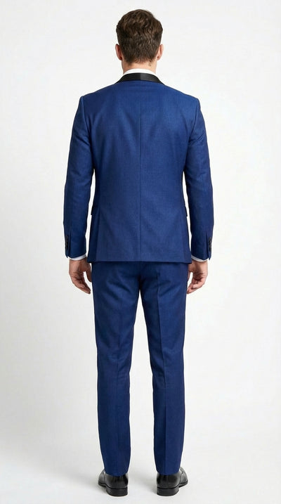 Men’s Shiny Sharkskin Saphire Royal Blue Tuxedo 3 Piece Suit with Black Shawl Lapel | Formal Wedding Prom Suit Shiny Fabric