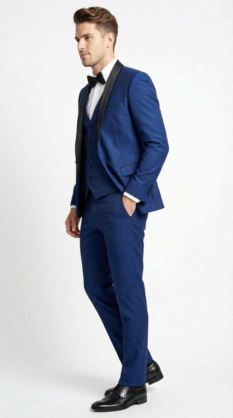 Men’s Shiny Sharkskin Saphire Royal Blue Tuxedo 3 Piece Suit with Black Shawl Lapel | Formal Wedding Prom Suit Shiny Fabric