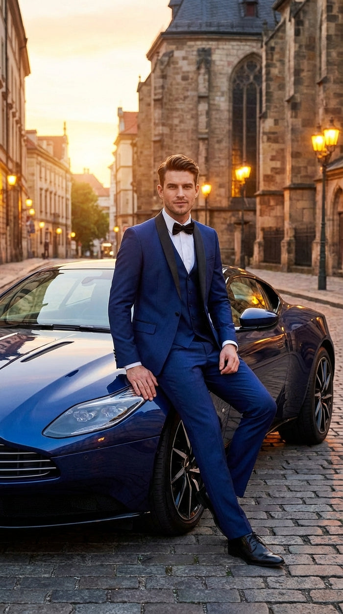 Men’s Shiny Sharkskin Saphire Royal Blue Tuxedo 3 Piece Suit with Black Shawl Lapel | Formal Wedding Prom Suit Shiny Fabric