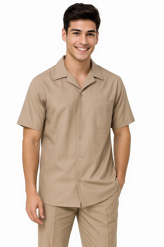 Men's Short Sleeve Khaki Plain Linen Casual Casual Two Piece Mens Walking Outfit For Sale Pant Sets Suit Pleated Pant - Mens Linen Suit