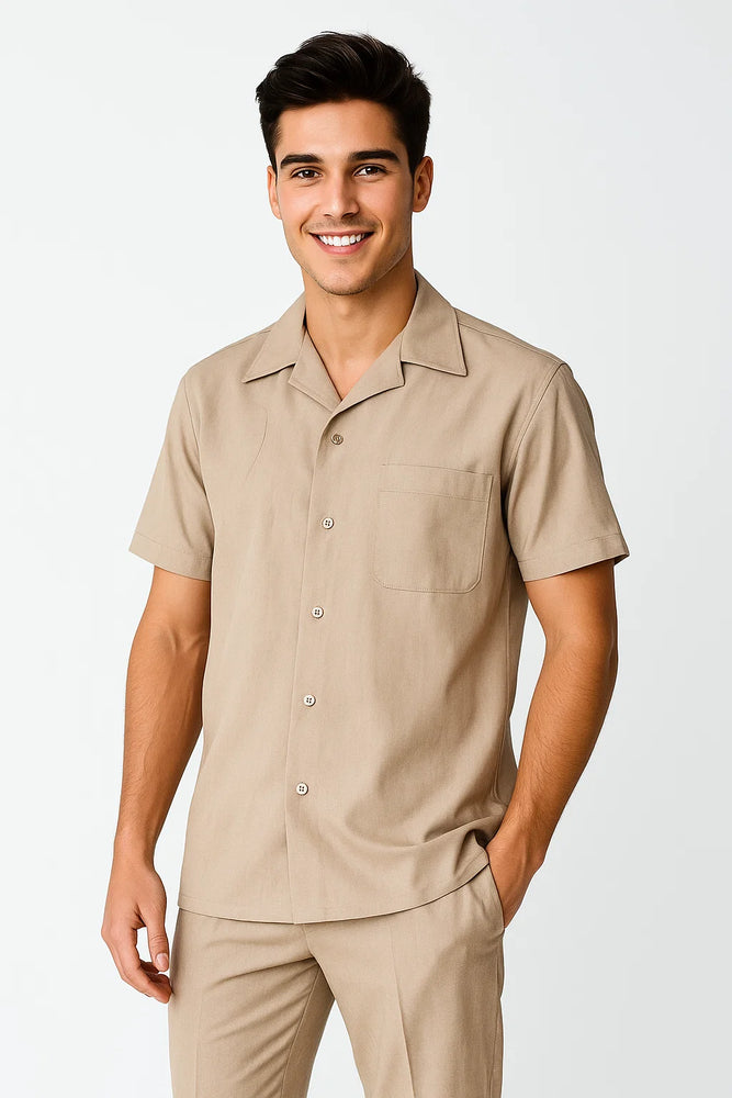 Men's Short Sleeve Khaki Plain Linen Casual Casual Two Piece Mens Walking Outfit For Sale Pant Sets Suit Pleated Pant - Mens Linen Suit