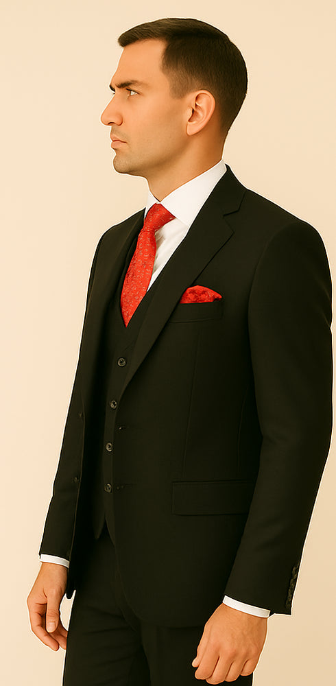 Rossi Man Men's Slim Fit Black Suit – Double-Breasted Vest, Elegant Formalwear