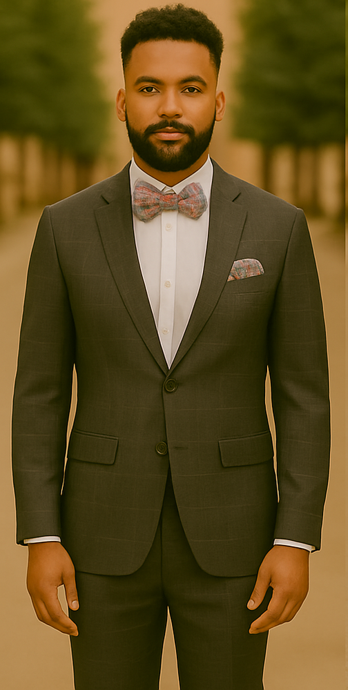 Men’s Slim Fit Charcoal Plaid Suit by Rossiman Rossi – 1-Button Jacket & Tapered Pants