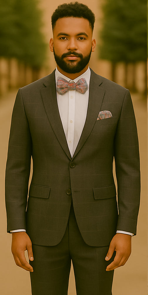Men’s Slim Fit Charcoal Plaid Suit by Rossiman Rossi – 1-Button Jacket & Tapered Pants
