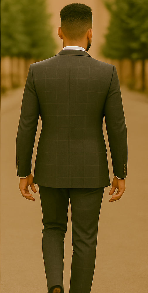 Men’s Slim Fit Charcoal Plaid Suit by Rossiman Rossi – 1-Button Jacket & Tapered Pants