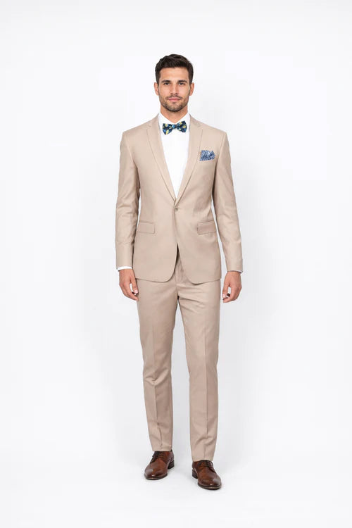 Beige Slim Fit Suit for Men by Rossiman Rossi | Tailored Skinny Fit Formal Suit – Italian 3-Piece Luxury Design