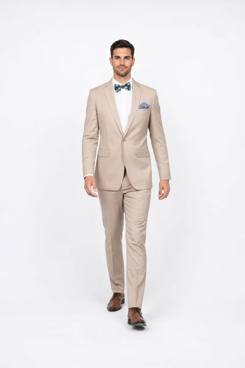 Beige Slim Fit Suit for Men by Rossiman Rossi | Tailored Skinny Fit Formal Suit – Italian 3-Piece Luxury Design