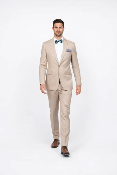 Beige Slim Fit Suit for Men by Rossiman Rossi | Tailored Skinny Fit Formal Suit – Italian 3-Piece Luxury Design