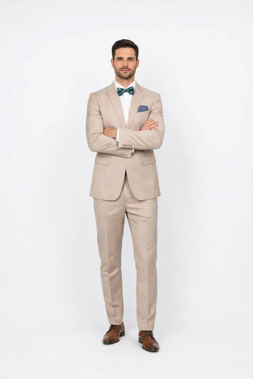 Beige Slim Fit Suit for Men by Rossiman Rossi | Tailored Skinny Fit Formal Suit – Italian 3-Piece Luxury Design