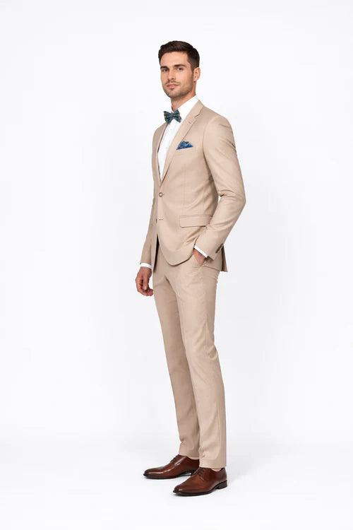 Beige Slim Fit Suit for Men by Rossiman Rossi | Tailored Skinny Fit Formal Suit – Italian 3-Piece Luxury Design