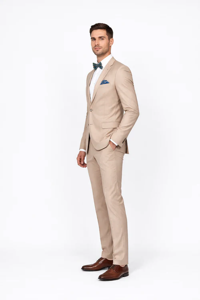 Beige Slim Fit Suit for Men by Rossiman Rossi | Tailored Skinny Fit Formal Suit – Italian 3-Piece Luxury Design