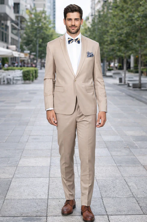 Beige Slim Fit Suit for Men by Rossiman Rossi | Tailored Skinny Fit Formal Suit – Italian 3-Piece Luxury Design