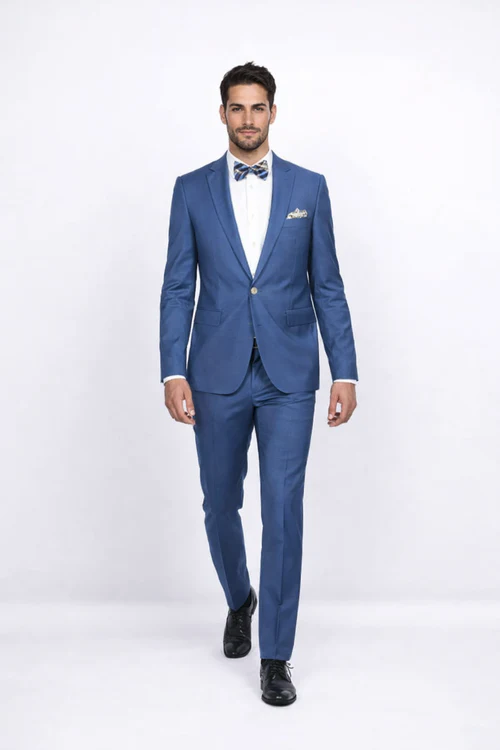 Blue Slim Fit Men’s Suit by Rossiman Rossi – Skinny Style with 1-Button Jacket