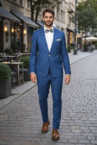 Blue Slim Fit Men’s Suit by Rossiman Rossi – Skinny Style with 1-Button Jacket