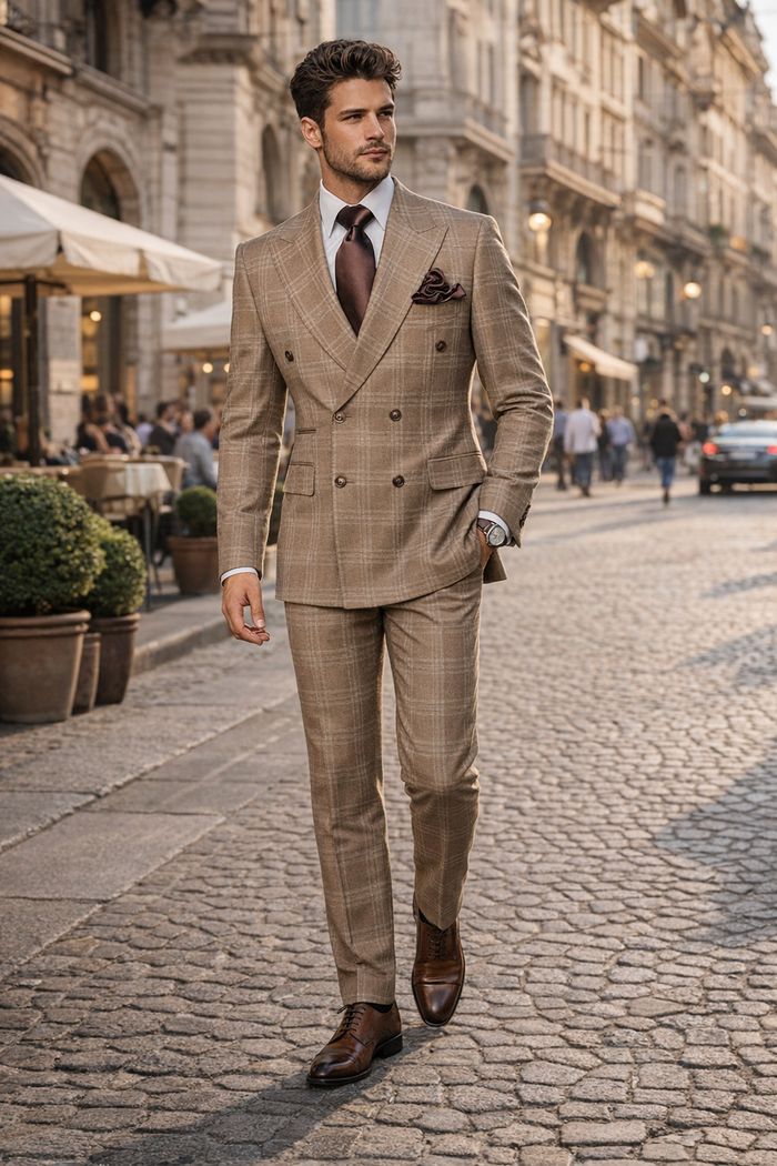 Men's Tan Plaid Double-Breasted Suit – Classic Windowpane Two-Piece Formal Suit - Camel Color Suit By Rossiman