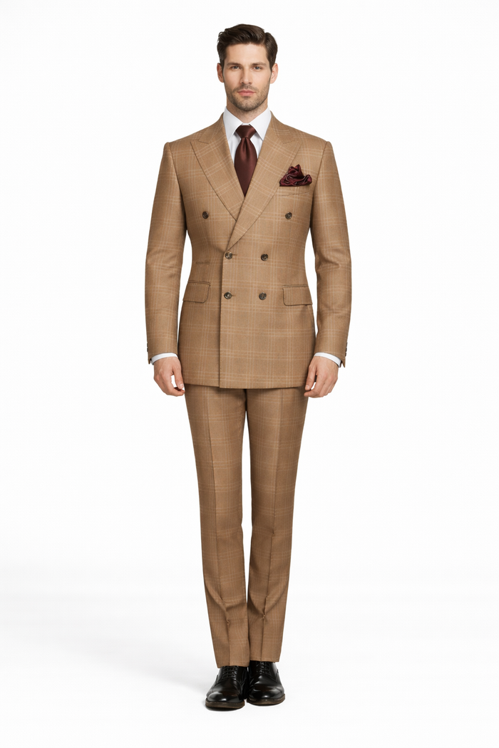 Rossiman Men’s Camel Tan Windowpane Plaid Double-Breasted Suit