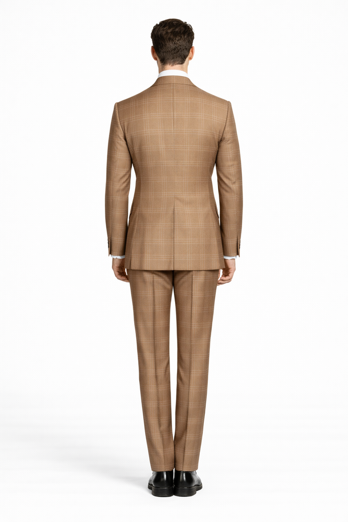 Men's Tan Plaid Double-Breasted Suit – Classic Windowpane Two-Piece Formal Suit - Camel Color Suit By Rossiman