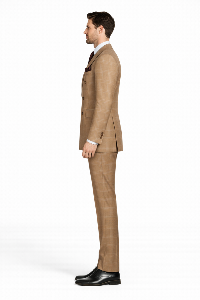 Men's Tan Plaid Double-Breasted Suit – Classic Windowpane Two-Piece Formal Suit - Camel Color Suit By Rossiman