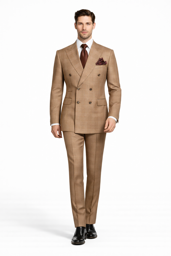 Men's Tan Plaid Double-Breasted Suit – Classic Windowpane Two-Piece Formal Suit - Camel Color Suit By Rossiman