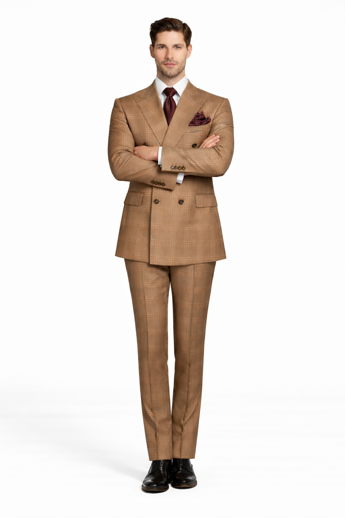 Men's Tan Plaid Double-Breasted Suit – Classic Windowpane Two-Piece Formal Suit - Camel Color Suit By Rossiman